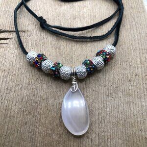 Chalcedony stone wire wrapped with .925 Silver and beaded Leather Necklace.